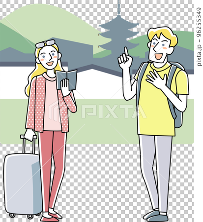 ガイドブックを手に古都を旅する外国人観光客の男女 ガイドブックを手に古都を旅する外国人観光客の男女 96255349
