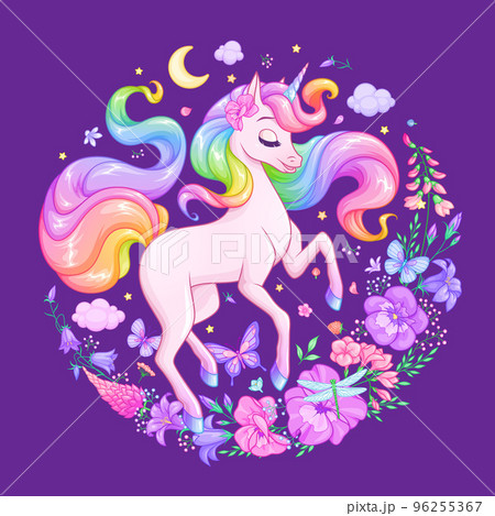 Beautiful unicorn surrounded with flowers and butterflies. Vector illustration on dark background. 96255367