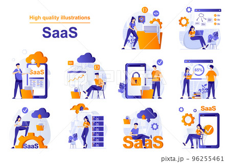 SaaS web concept with people scenes set in flat style. Bundle of using programs with subscription, cloud processing, cloud storage, software as a service. Vector illustration with character design SaaS web concept with people scenes set in flat style. Bundle of using programs with subscription, cloud processing, cloud storage, software as a service. Vector illustration with character design 96255461