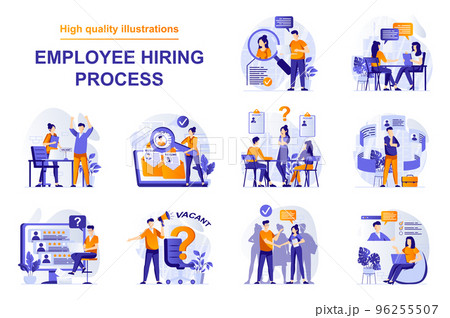Employee hiring process web concept with people scenes set in flat style. Bundle of human resources, choose resume, open vacancy in office, job interview. Vector illustration with character design 96255507