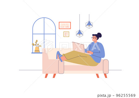 Freelance working web concept with people scene. Woman working remotely as designer and making task using laptop while sitting at sofa at home. Character situation in flat design. Vector illustration. Freelance working web concept with people scene. Woman working remotely as designer and making task using laptop while sitting at sofa at home. Character situation in flat design. Vector illustration. 96255569