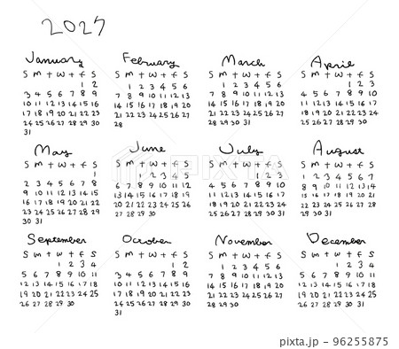 2027年シンプル手描きカレンダー 2027年シンプル手描きカレンダー 96255875