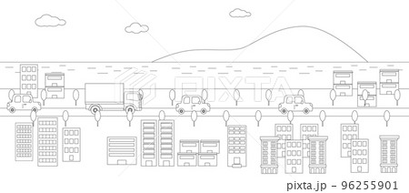 海と自然の見える街・道路の風景イラスト（線画） 96255901