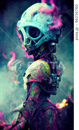 Portrait of a neon spaceman from the future. An astronaut posing in an astronaut costume and space helmet in the middle of multicolored smoke. Perfect for phone wallpaper or for posters. 96256760