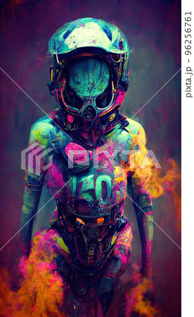 Portrait of a neon spaceman from the future. An astronaut posing in an astronaut costume and space helmet in the middle of multicolored smoke. Perfect for phone wallpaper or for posters. Portrait of a neon spaceman from the future. An astronaut posing in an astronaut costume and space helmet in the middle of multicolored smoke. Perfect for phone wallpaper or for posters. 96256761