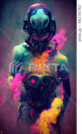 Portrait of a neon spaceman from the future. An astronaut posing in an astronaut costume and space helmet in the middle of multicolored smoke. Perfect for phone wallpaper or for posters. 96256762