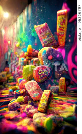 Goodies and sweets mixed in an abstract miraculous rainbow holiday flow. Lots of colorful colors, candy, fruit jellies, and rainbows. A colorful wonderful dream illusion. Colorful, sweet surrealism. 96256797