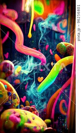 Goodies and sweets mixed in an abstract miraculous rainbow holiday flow. Lots of colorful colors, candy, fruit jellies, and rainbows. A colorful wonderful dream illusion. Colorful, sweet surrealism. 96256801