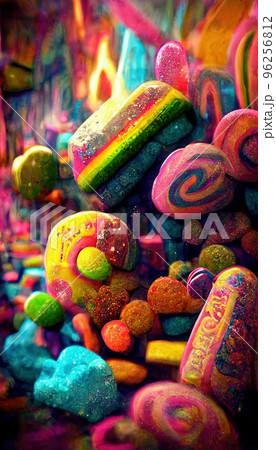 Goodies and sweets mixed in an abstract miraculous rainbow holiday flow. Lots of colorful colors, candy, fruit jellies, and rainbows. A colorful wonderful dream illusion. Colorful, sweet surrealism. 96256812