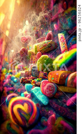 Goodies and sweets mixed in an abstract miraculous rainbow holiday flow. Lots of colorful colors, candy, fruit jellies, and rainbows. A colorful wonderful dream illusion. Colorful, sweet surrealism. 96256824
