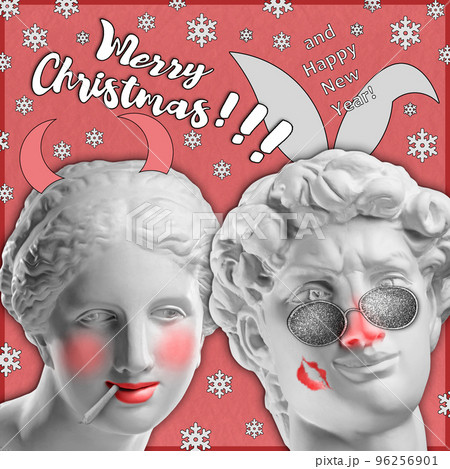 Contemporary art collage with two face of ancient statues in funky xmas decor. Drunk funny young woman and man. New Year's moods. Crazy concept of holidays, party, 2023 New Year and Merry Christmas. 96256901