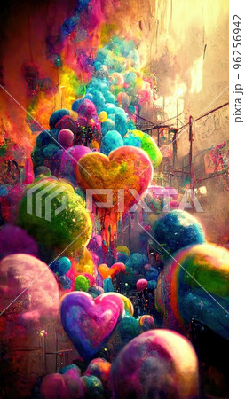 Abstract multicolor magical surrealism. Lots of colored paint, ink, fuzzy hearts, rainbows and multicolored smoke. Colorful wonderful unreality from dreams. Perfect for phone wallpaper or for posters. 96256942