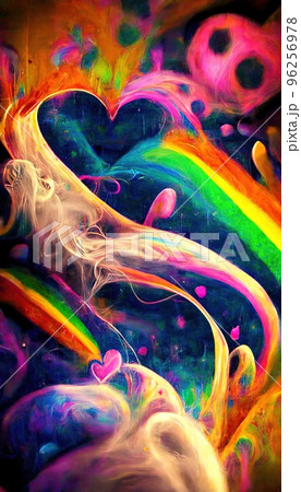 Abstract multicolor magical surrealism. Lots of colored paint, ink, fuzzy hearts, rainbows and multicolored smoke. Colorful wonderful unreality from dreams. Perfect for phone wallpaper or for posters. 96256978