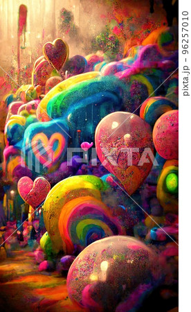 Abstract multicolor magical surrealism. Lots of colored paint, ink, fuzzy hearts, rainbows and multicolored smoke. Colorful wonderful unreality from dreams. Perfect for phone wallpaper or for posters. 96257010
