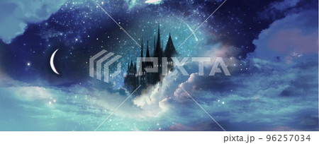 宇宙の中の御伽話の様なお城と月と星空の風景背景イラスト 宇宙の中の御伽話の様なお城と月と星空の風景背景イラスト 96257034