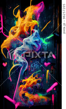 Abstract smoke multicolored on black background. A wall splattered with colored paint, surrounded by colored smoke. Perfect for phone wallpaper or for posters Abstract smoke multicolored on black background. A wall splattered with colored paint, surrounded by colored smoke. Perfect for phone wallpaper or for posters 96257205