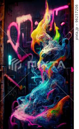 Abstract smoke multicolored on black background. A wall splattered with colored paint, surrounded by colored smoke. Perfect for phone wallpaper or for posters Abstract smoke multicolored on black background. A wall splattered with colored paint, surrounded by colored smoke. Perfect for phone wallpaper or for posters 96257206