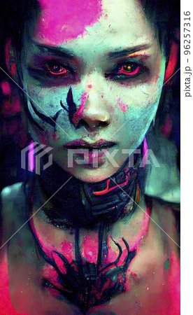 Portrait of a girl in a futuristic cyberpunk style in neon clothes. A high-tech man from the future. The concept of virtual reality and cyberpunk. Perfect for phone wallpaper or for posters. Portrait of a girl in a futuristic cyberpunk style in neon clothes. A high-tech man from the future. The concept of virtual reality and cyberpunk. Perfect for phone wallpaper or for posters. 96257316