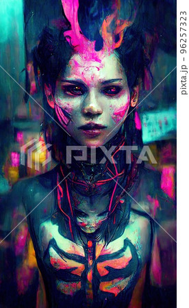 Portrait of a girl in a futuristic cyberpunk style in neon clothes. A high-tech man from the future. The concept of virtual reality and cyberpunk. Perfect for phone wallpaper or for posters. 96257323