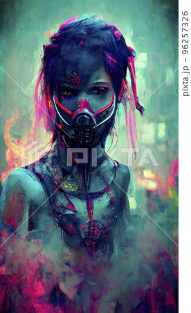 Portrait of a girl in a futuristic cyberpunk style in neon clothes. A high-tech man from the future. The concept of virtual reality and cyberpunk. Perfect for phone wallpaper or for posters. 96257326