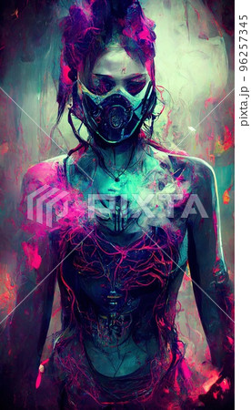 Portrait of a girl in a futuristic cyberpunk style in neon clothes. A high-tech man from the future. The concept of virtual reality and cyberpunk. Perfect for phone wallpaper or for posters. Portrait of a girl in a futuristic cyberpunk style in neon clothes. A high-tech man from the future. The concept of virtual reality and cyberpunk. Perfect for phone wallpaper or for posters. 96257345