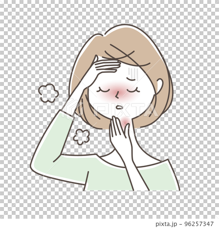 Illustration of a woman with swollen tonsils and fever 96257347