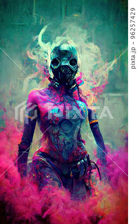 Portrait of a girl in a futuristic cyberpunk style in neon clothes. A high-tech man from the future. The concept of virtual reality and cyberpunk. Perfect for phone wallpaper or for posters. 96257429