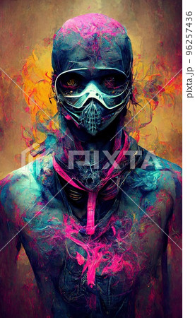 Combat ninjas are depicted in a cyberpunk neon style. The concept of Japanese ninjas. Virtual reality and cyberpunk concept. 96257436