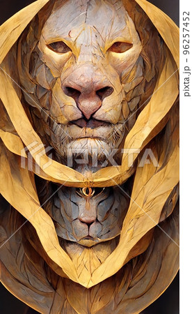 Abstract surrealistic lion made of wood. The concept of a hunter in a world of animals. Abstract surrealistic lion made of wood. The concept of a hunter in a world of animals. 96257452