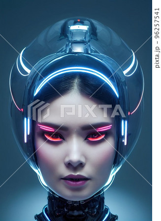 A fictional person, not based on a real person. Portrait of a sci-fi cyberpunk girl. High-tech futuristic woman from the future. The concept of virtual reality and cyberpunk. 3D render. A fictional person, not based on a real person. Portrait of a sci-fi cyberpunk girl. High-tech futuristic woman from the future. The concept of virtual reality and cyberpunk. 3D render. 96257541
