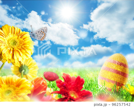 Easter egg in a meadow on a sunny spring day Easter egg in a meadow on a sunny spring day 96257542