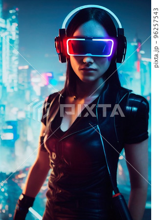A fictional person, not based on a real person. Portrait of a sci-fi cyberpunk girl. High-tech futuristic woman from the future. The concept of virtual reality and cyberpunk. 3D render. 96257543