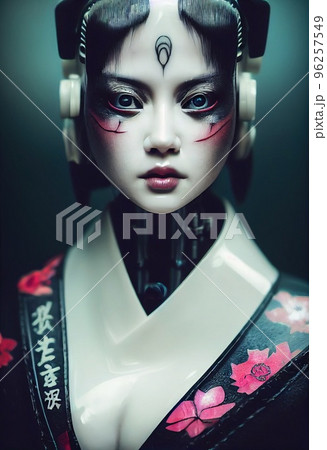 A fictional person, not based on a real person. Portrait of a sci-fi cyberpunk girl. High-tech futuristic woman from the future. The concept of virtual reality and cyberpunk. 3D render. 96257549