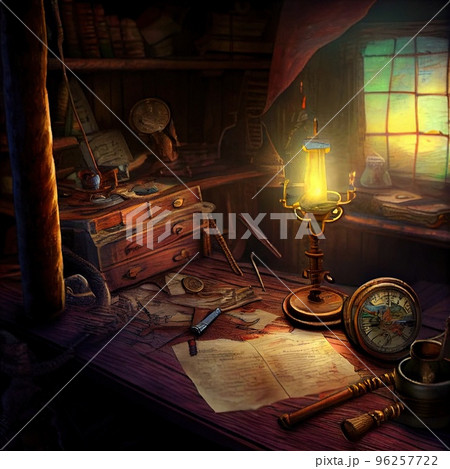 An ancient pirate map in the cabin of a pirate ship. Image of an ancient ancient pirate map. An ancient paper pirate scroll. 3d rendering 96257722