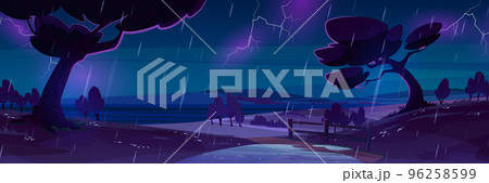 Night rain at countryside cartoon landscape, storm Night rain at countryside cartoon landscape, storm 96258599