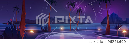 Night rainy landscape road turn with palm trees Night rainy landscape road turn with palm trees 96258600