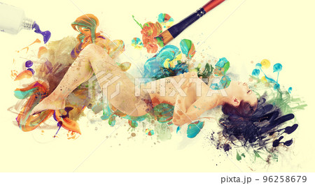 Woman artwork picture. naked woman painted by brush Woman artwork picture. naked woman painted by brush 96258679