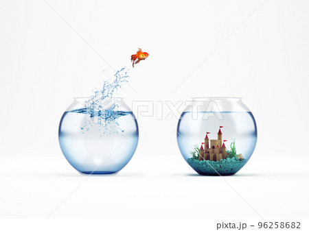 Improvement and progress concept with a jump of goldfish 3D Rendering Improvement and progress concept with a jump of goldfish 3D Rendering 96258682