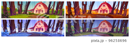 Stone house on forest glade in different seasons Stone house on forest glade in different seasons 96258696
