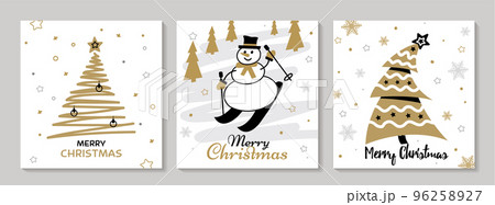 Christmas set cards, hand drawn. With Gold Christmas trees, snowman, snowflakes, Christmas set cards, hand drawn. With Gold Christmas trees, snowman, snowflakes, 96258927