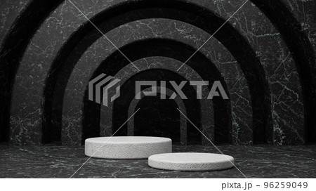 Black and white Marble podium. Stone cylinder pedestal. Arch background. Abstract 3d background. Minimal black scene for product display, Stage showcase	 96259049