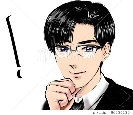 イケメン黒髪眼鏡先生が頬杖をつき微笑むカラー漫画イラストのイラスト