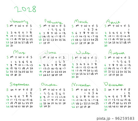 2028年シンプル手描きカレンダー 2028年シンプル手描きカレンダー 96259583
