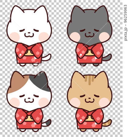 赤の着物を着てお辞儀する猫セットのイラスト素材