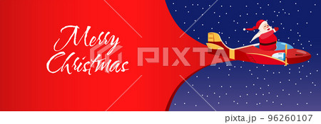 Santa Claus is flying by plane, delivery huge bag of Christmas gifts. Merry Christmas banner 96260107