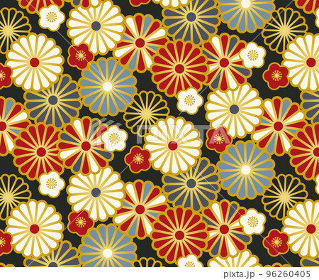 シームレスな和風のパターン柄 ベクター 花柄 和柄 菊文様 梅のイラスト素材 [96260405] - PIXTA