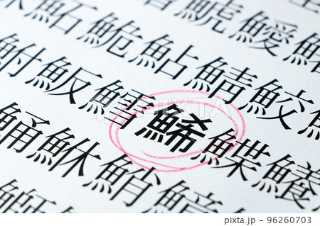 魚偏の漢字が多数並んだ紙の「鯑」(かずのこ)を中心としたアップ。 魚偏の漢字が多数並んだ紙の「鯑」(かずのこ)を中心としたアップ。 96260703