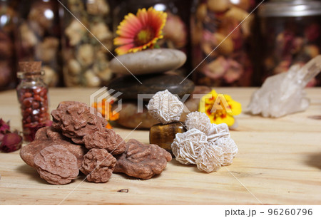 Desert Rose Rocks From Oklahoma on Meditation Table Desert Rose Rocks From Oklahoma on Meditation Table 96260796