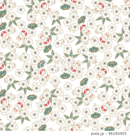 和柄-「吉祥紋とうさぎ」シームレスパターン。和柄の素材。お正月用のデコレーション。 96260905