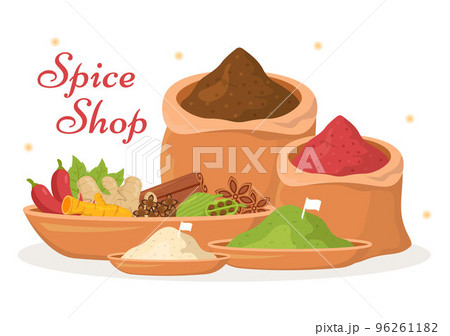 Spice Shop with Different Hot Spices, Condiment, Exotic Fresh Seasoning and Traditional Herbs in Flat Cartoon Hand Drawn Templates Illustration 96261182